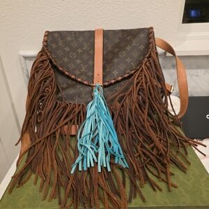 VINTAGE BOHO Louis Vuitton Brown Monogram FringeCrossbody with Turquoise Tassel